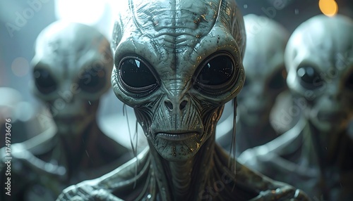 A close-up image showcasing several extraterrestrial beings with large black eyes and grayish skin, illuminated by an out-of-focus background