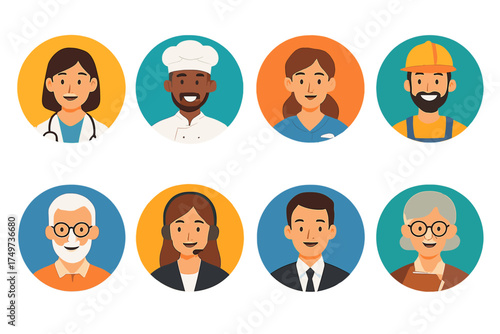 Diverse set of professional people avatars representing various occupations and ages