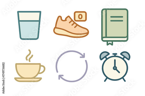 Daily routine and healthy lifestyle icons for tracking habits and schedule