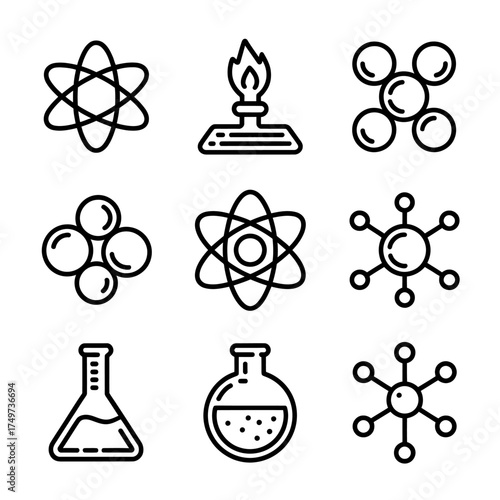 Science and Chemistry Icons Set Black Outline Style Laboratory Elements Molecules Flasks Bunsen Burner Atom Perfect for Educational Resources and Designs