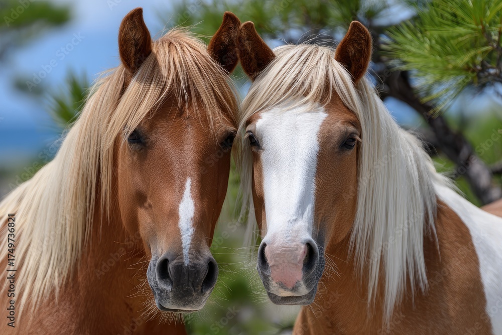 Fototapeta premium two wild horses, chestnut and brown in color with blonde manes, standing side by side on the grassy dunes at cape hatteras national seashore