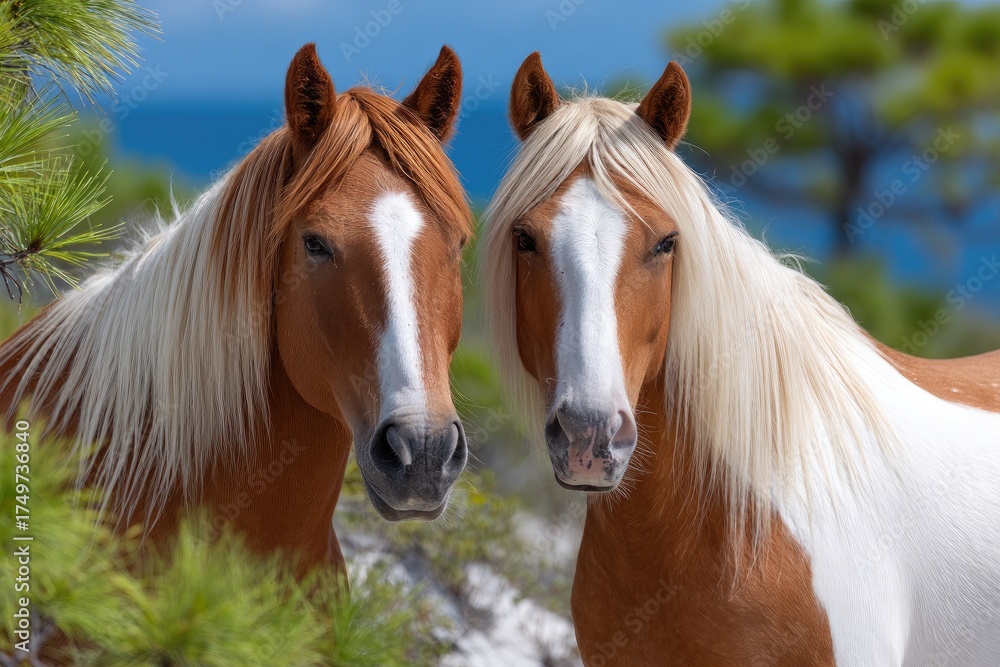 Fototapeta premium two wild horses, chestnut and brown in color with blonde manes, standing side by side on the grassy dunes at cape hatteras national seashore