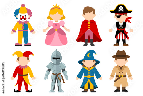 Variety of colorful cartoon characters for dress up or play representing different professions and fantasy themes for children illustration