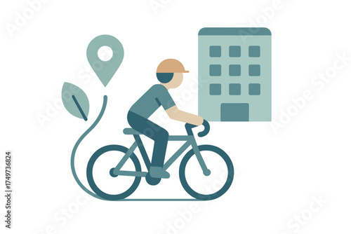 Cyclist commuting toward modern office building with location pin and foliage