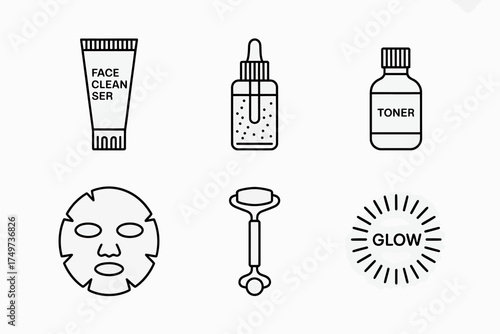 Skincare Routine Icons Set Minimalist Line Art for Beauty and Wellness Marketing Materials and Clean Simple Graphic Design Projects