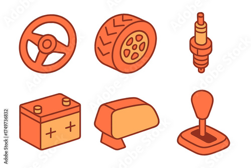 Isometric set of orange automotive spare parts icons