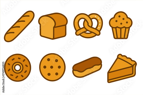 Set of stylized icons representing various baked goods and dessert items