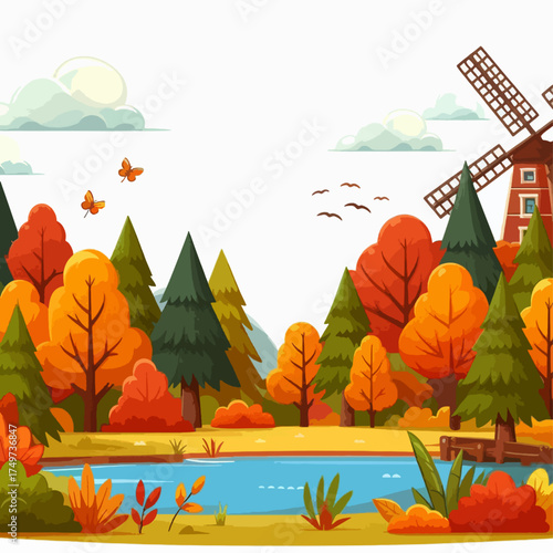 A picturesque autumn landscape featuring a serene blue pond, vibrant trees in shades of orange and red, and a rustic windmill under a cloudy sky with butterflies and birds.