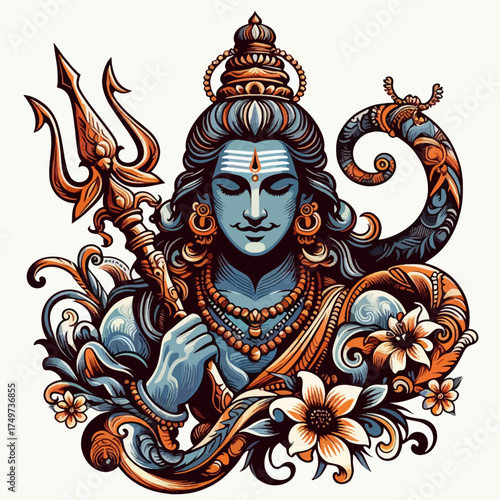 Stylized illustration of Lord Shiva with blue skin, holding a trishula, surrounded by intricate decorative and floral patterns in a vibrant graphic art style.