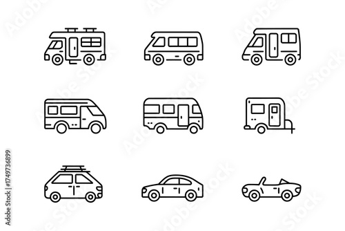 Vector Icons of Different Types of Vehicles Motorhomes Vans Cars and Trailers Providing Transportation Solutions and Travel Design Elements
