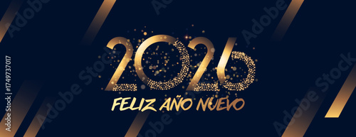 Una tarjeta o pancarta para desear un feliz año nuevo 2026 en dorado con círculos efecto bokeh sobre un fondo negro con líneas doradas degradadas.