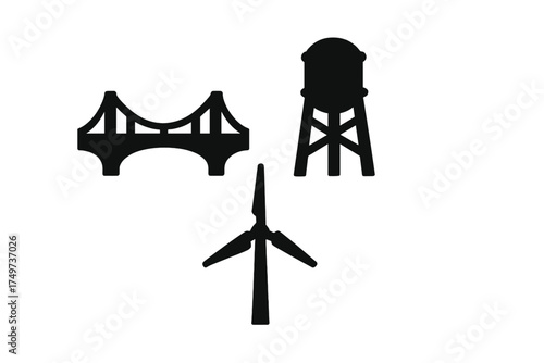 Black silhouette icons of bridge water tower and wind turbine