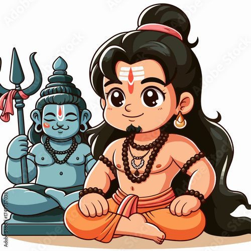 A charming cartoon illustration of Lord Shiva and a young devotee meditating together.