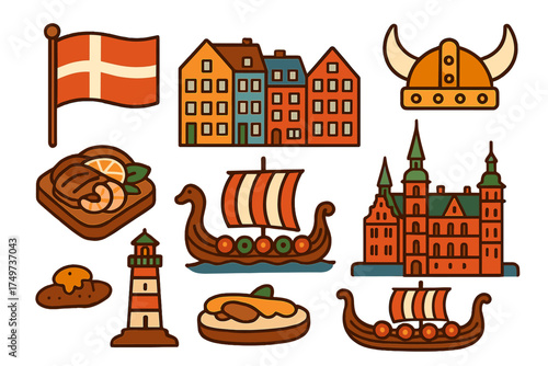 Set of Danish cultural icons and famous landmarks in modern flat design