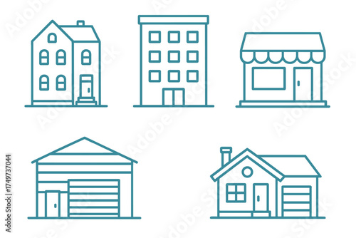 Set of simple line icons representing various building types and architecture