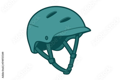 Teal protective sports helmet with chin strap and ventilation holes