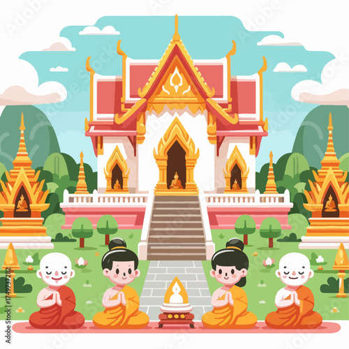 Four Buddhist monks in traditional robes meditating in front of a grand temple with ornate golden spires and lush green trees under a cloudy sky.