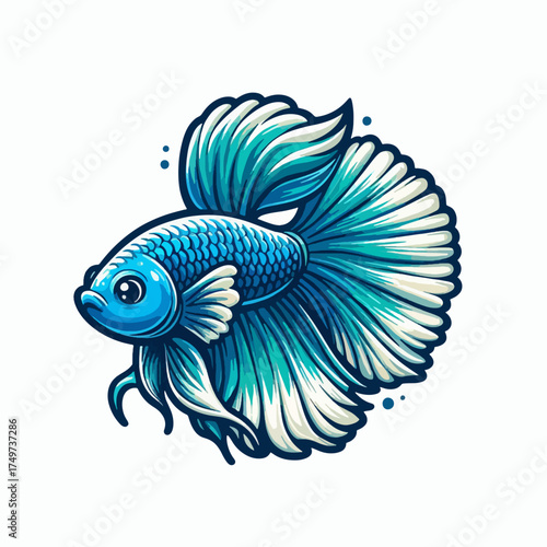 Vibrant blue betta fish with flowing fins, stylized illustration on a white background, showcasing its intricate details and graceful form.