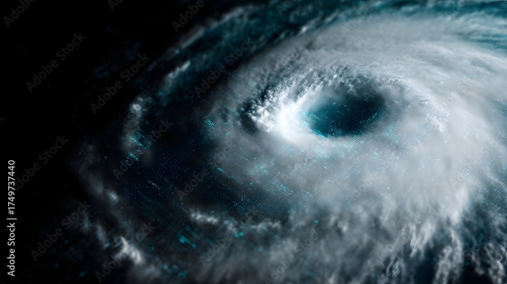 Fototapeta premium Satellite image capturing a massive hurricane showcasing its swirling vortex with a luminous digital data overlay