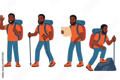 Set of four poses for a Black male hiker character with gear