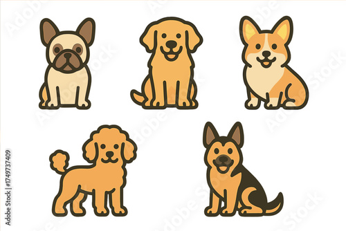 Set of five cute cartoon dog breeds icons including French Bulldog and Corgi