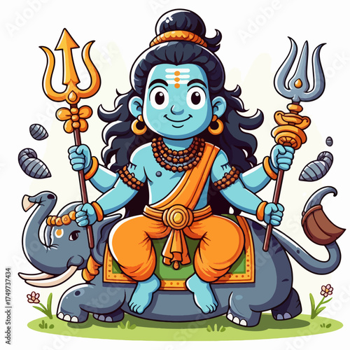 Cute cartoon depiction of Lord Shiva with blue skin and multiple arms, riding an elephant, holding tridents, in a cheerful style.