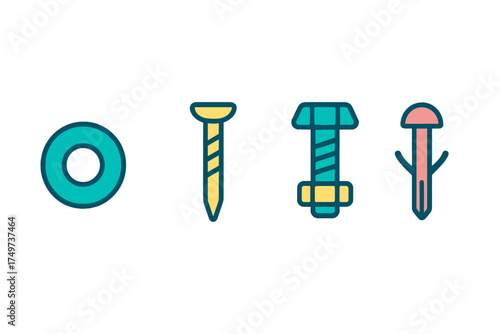 Colorful set of hardware icons featuring washer, screw, bolt, and wall anchor