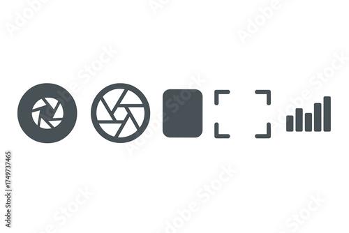 Set of dark gray camera and signal interface icons on white background