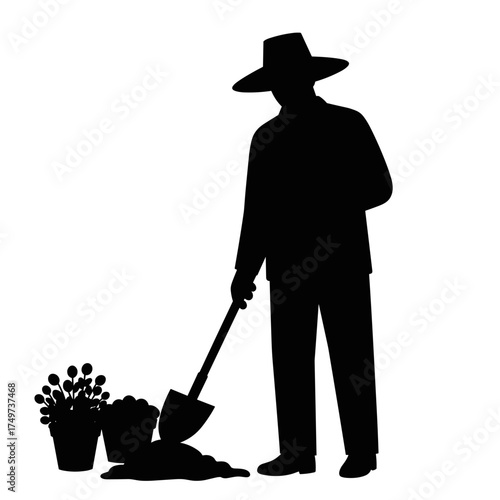 Silhouette of man gardening with shovel and flowers concept for International Men's Day  