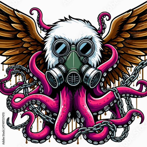 An eagle's head wearing a gas mask and goggles, with octopus tentacles and chains, and large wings behind it.