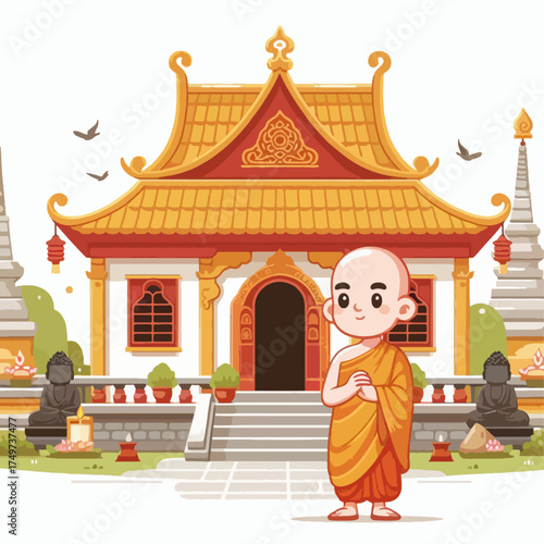 A cute cartoon young monk standing in front of a traditional Thai temple with golden roof and intricate details.