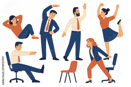 Office employees doing desk stretches and light physical activity during work hours
