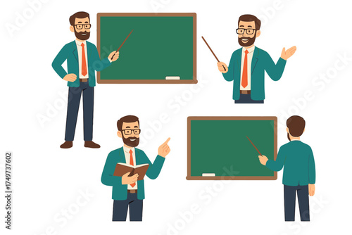 Male teacher character poses with pointing gestures near chalkboard