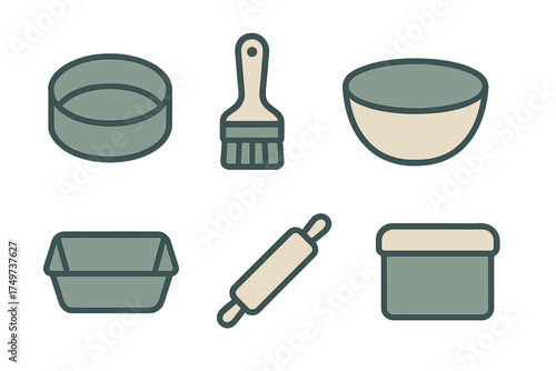 Collection of essential kitchen utensils for baking and pastry preparation