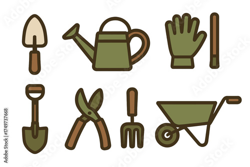 Essential gardening tools icons for cultivation and planting activities