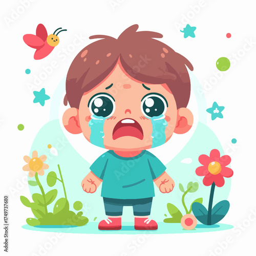 Cartoon illustration of a sad little boy crying with big tears in a vibrant garden surrounded by flowers and a butterfly.
