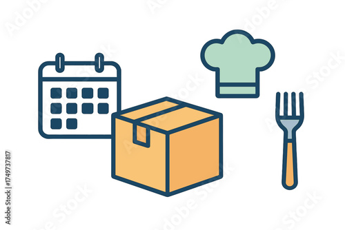 Food kit delivery service icons featuring calendar and chef hat