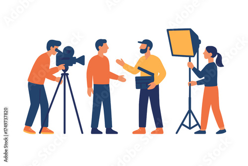 Film production crew setting up camera and lighting equipment for scene