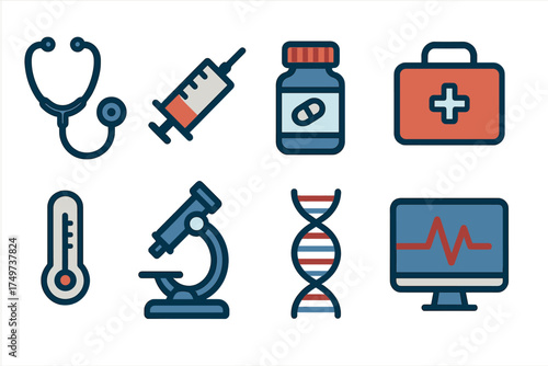 Set of medical and healthcare icons including stethoscope, syringe, and DNA structure