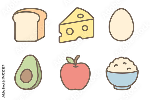 Basic healthy food icons: bread, cheese, egg, avocado, apple, and rice
