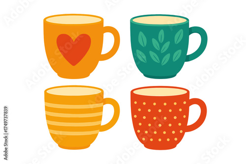 Four colorful decorative coffee mugs with distinct patterns