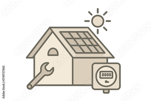 House with solar panels maintenance and energy meter icon