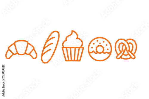 Collection of baked goods line icons featuring croissant, donut, cupcake, and pretzel