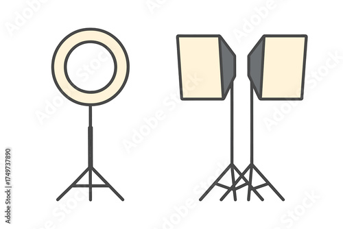 Studio lighting equipment set with ring light and softboxes
