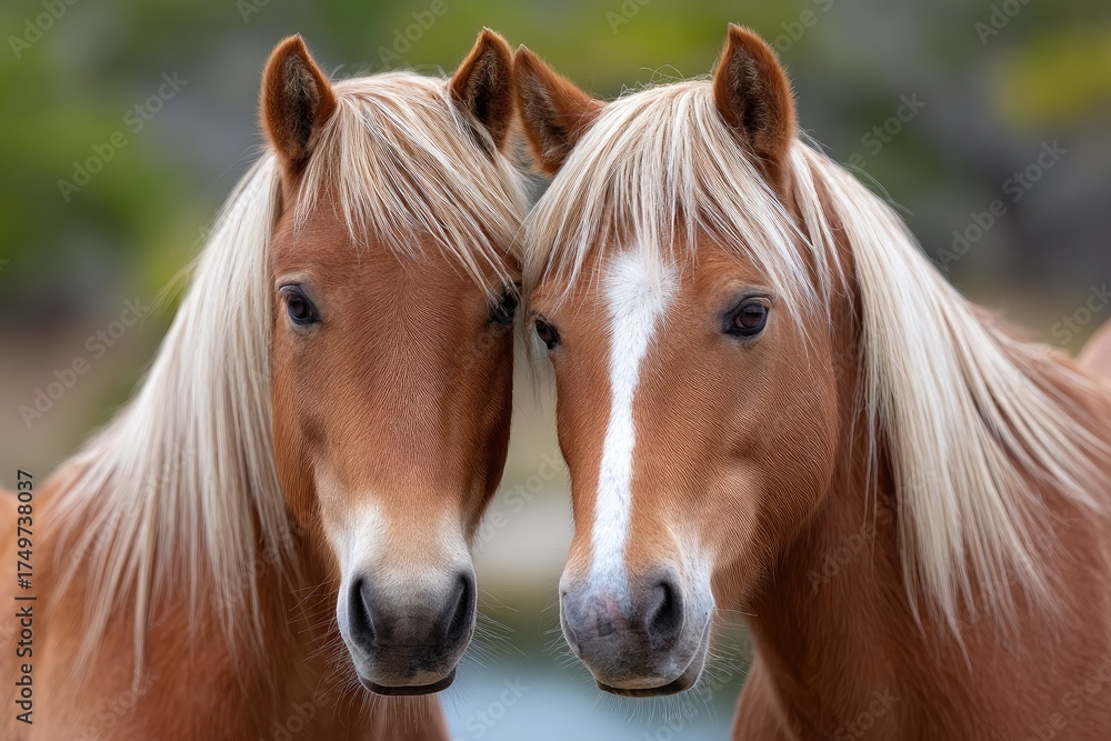 Fototapeta premium two brown wild horses with blonde manes, on the shackleford islands in north carolina