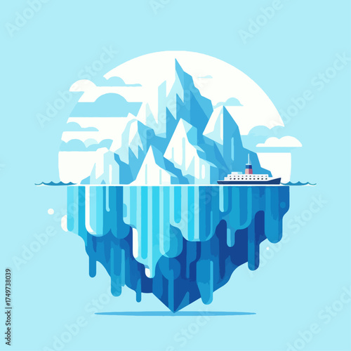 Stylized illustration of a large iceberg with a ship sailing on the icy blue ocean, showing its hidden underwater mass.