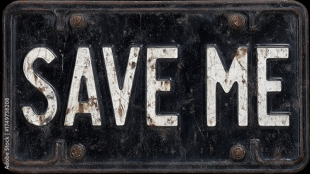 Fototapeta premium Vintage black metal license plate sign with distressed white letters saying Save Me