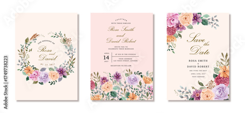 wedding invitation set with flower garden watercolor frame