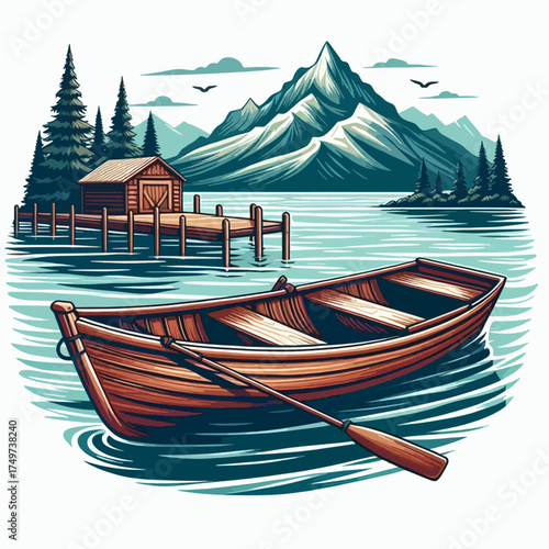 A serene illustration of a wooden rowboat on a calm lake with a dock, cabin, pine trees, and majestic mountains in the background.