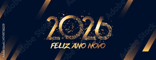 Um cartão ou banner para desejar um feliz ano novo de 2026 em dourado com círculos com efeito bokeh sobre um fundo preto com linhas douradas em degradé.